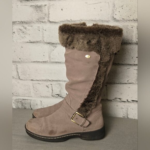 Shoes - Denver Hayes Taupe Suede Faux Fur Winter Boots Women’s Size 7 Mid Calf Warm Zip